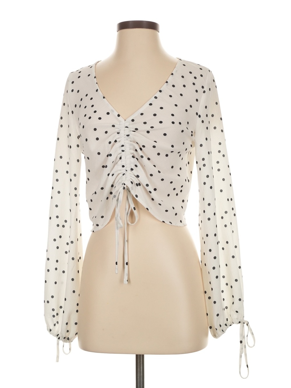 Lucy Paris Polka Dot Ruched Tie-Front Blouse Sz S Long Sleeve V-Neck